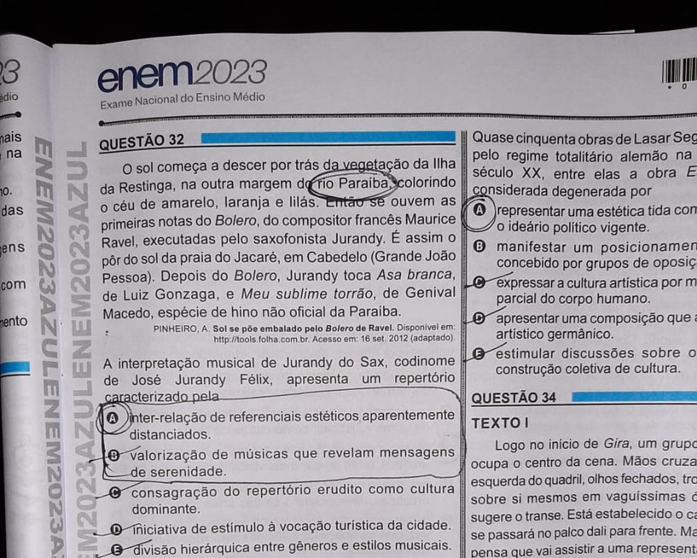 Questão do Enem 2023 que cita Jurandy do Sax e pôr do sol da Praia do Jacaré, na Paraíba — Foto: Felipe Lima/TV Cabo Branco