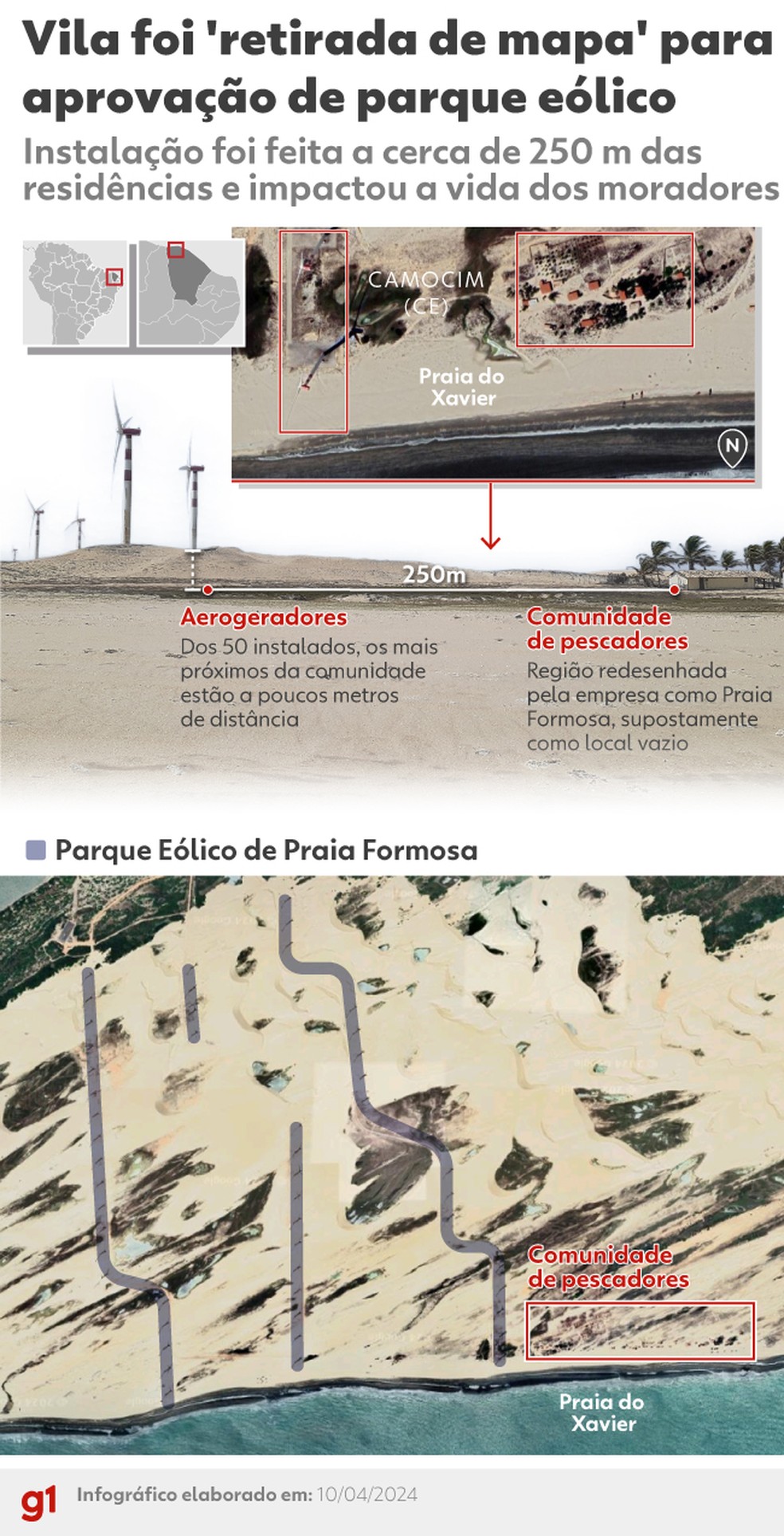 Como vila de pescadores foi 'retirada de mapa' para aprovação de parque eólico no litoral do Ceará. — Foto: Arte/g1