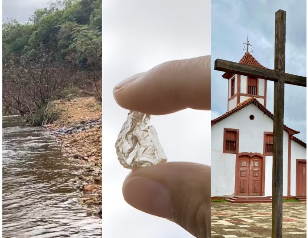 Rio Douradinho, onde foi achado o 2º maior diamante do país, em maio de 2025; pequeno diamante achado em Coromandel e a igreja matriz de Sant'Ana — Foto: TV Integração/Reprodução