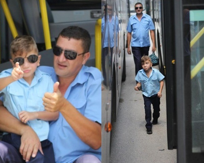 Menino com autismo ganha uniforme de motorista de ônibus igual ao do pai e o acompanha no trabalho: 'Vê como um super-herói'