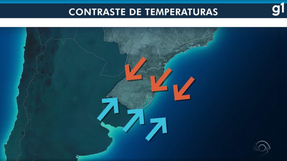 Mapa mostra contraste de temperaturas das massas de ar que se encontram no RS — Foto: Reprodução/RBS TV