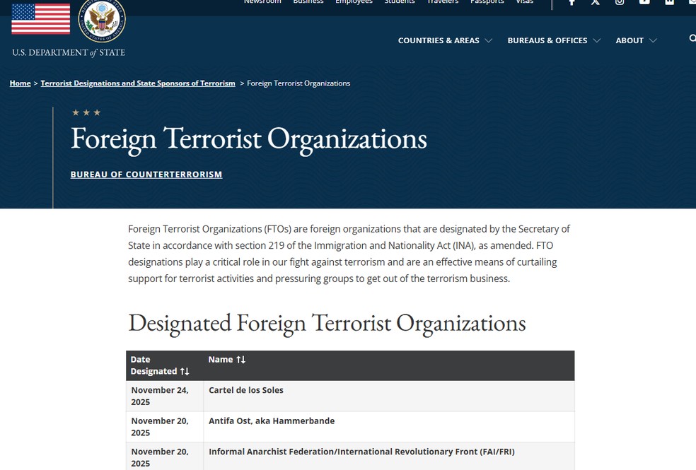 Lista do Departament de Estado dos Estados Unidos de organizações oficialmente consideradas terroristas pelos EUA com a inclusão do Cartel de los Soles, em 24 de novembro de 2025. — Foto: Reprodução/ Departamento de Estado dos Estados Unidos