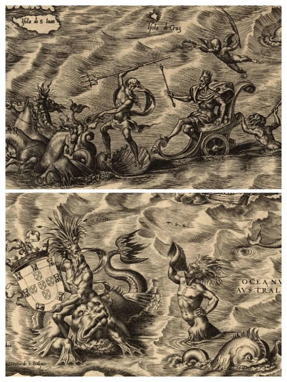 Acima.Cortejo de Poseidon. Carlos V na carruagem. Abaixo. Criaturas marinhas e o brasão de Portugal no Oceano Austral. Mapa de Diego Gutiérrez — Foto: Biblioteca do Congresso dos Estados Unidos