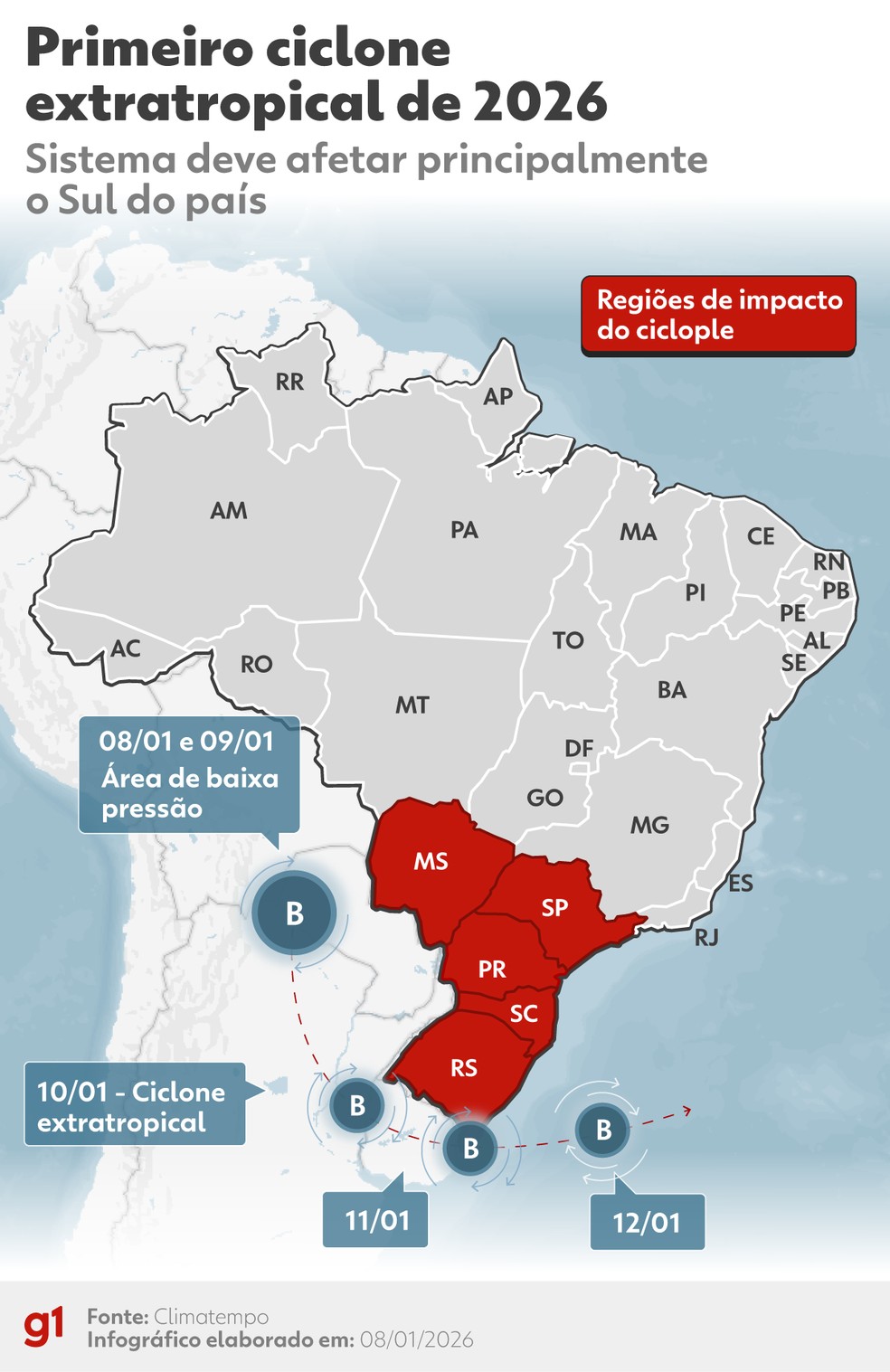 Mapa mostra trajetória prevista do ciclone e estados afetados. — Foto: Arte/g1