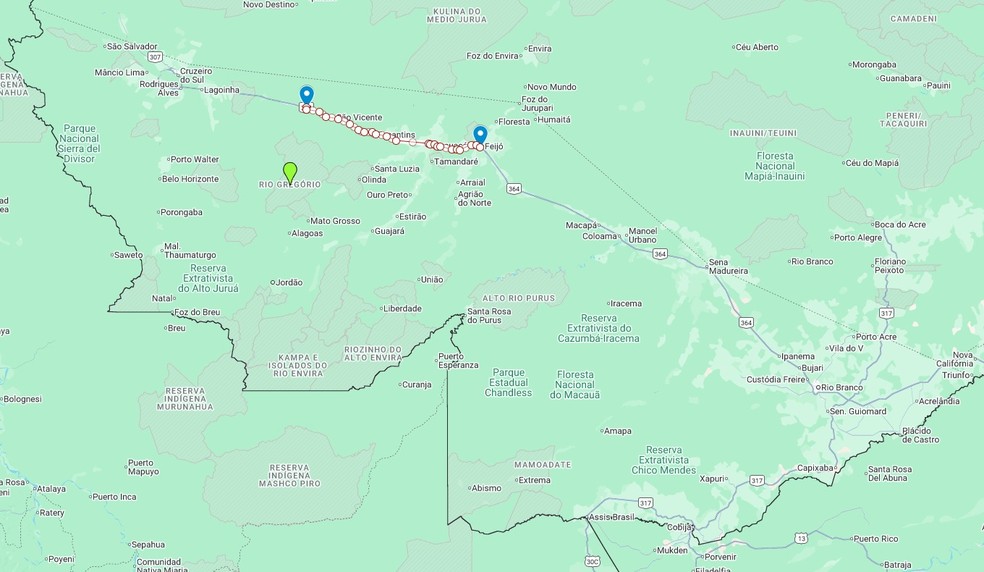 Trecho da BR-364 no Vale do Juruá, entre Feijó e Rio Gregório — Foto: Reprodução/Google My Maps