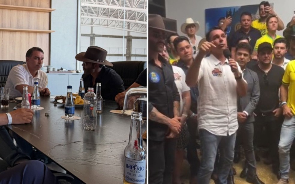 Flávio Bolsonaro se encontra com Gusttavo Lima e outros cantores sertanejos em Goiás; vídeo — Foto: Reprodução - Instagram Leandro Batista/Reprodução - Instagram Major Vitor Hugo