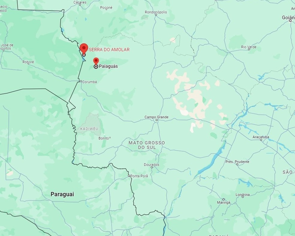 Distância entre Serra do Amolar e Paiaguás, em Mato Grosso do Sul. — Foto: Reprodução/Google