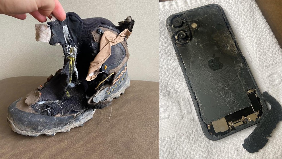 Bota que ele usava e celular que ele carregava ficaram destruídos — Foto: Arquivo pessoal