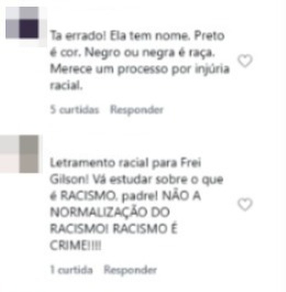 Internauta criticou o Frei Gilson na rede social Instagram após declarações sobre racismo. — Foto: Reprodução