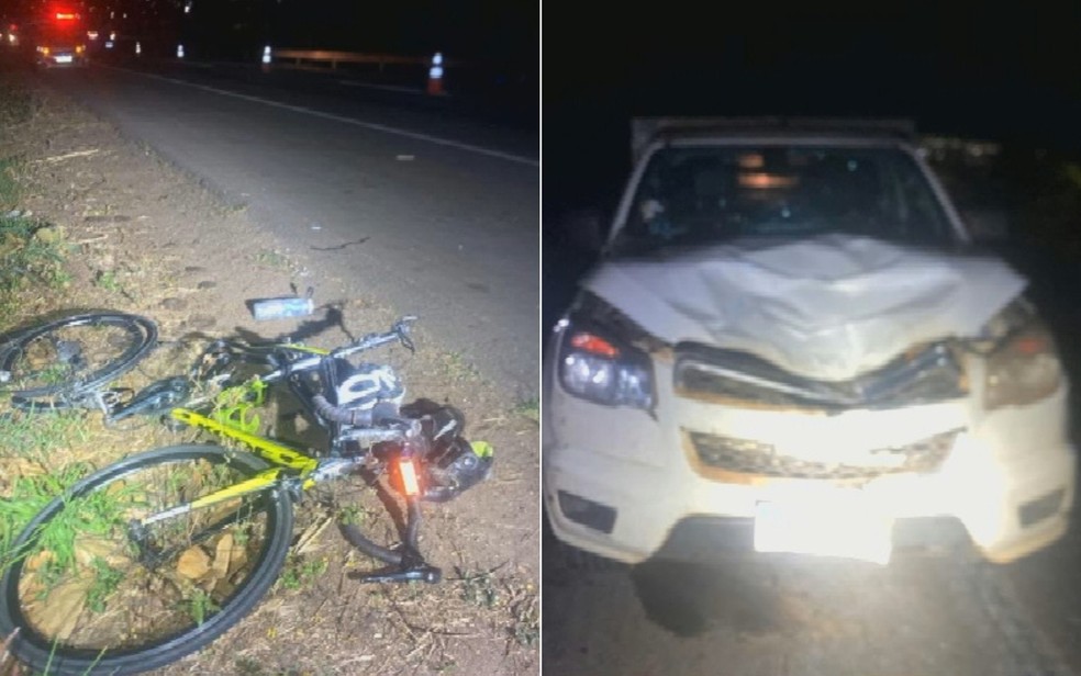 Bicicleta da vítima e caminhonete envolvida no atropelamento ficaram danificadas após o acidente na GO-070, entre Inhumas e Goianira. Segundo a Polícia Civil, o motorista fez o teste do bafômetro, que deu negativo para consumo de álcool — Foto: Reprodução/TV Anhanguera