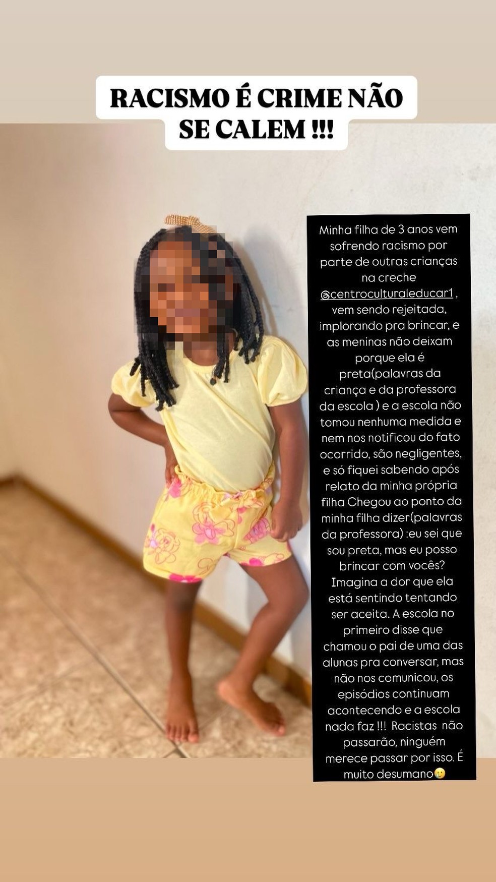 Mãe de menina negra de 3 anos retira criança da creche após episódios de exclusão no Rio — Foto: Reprodução