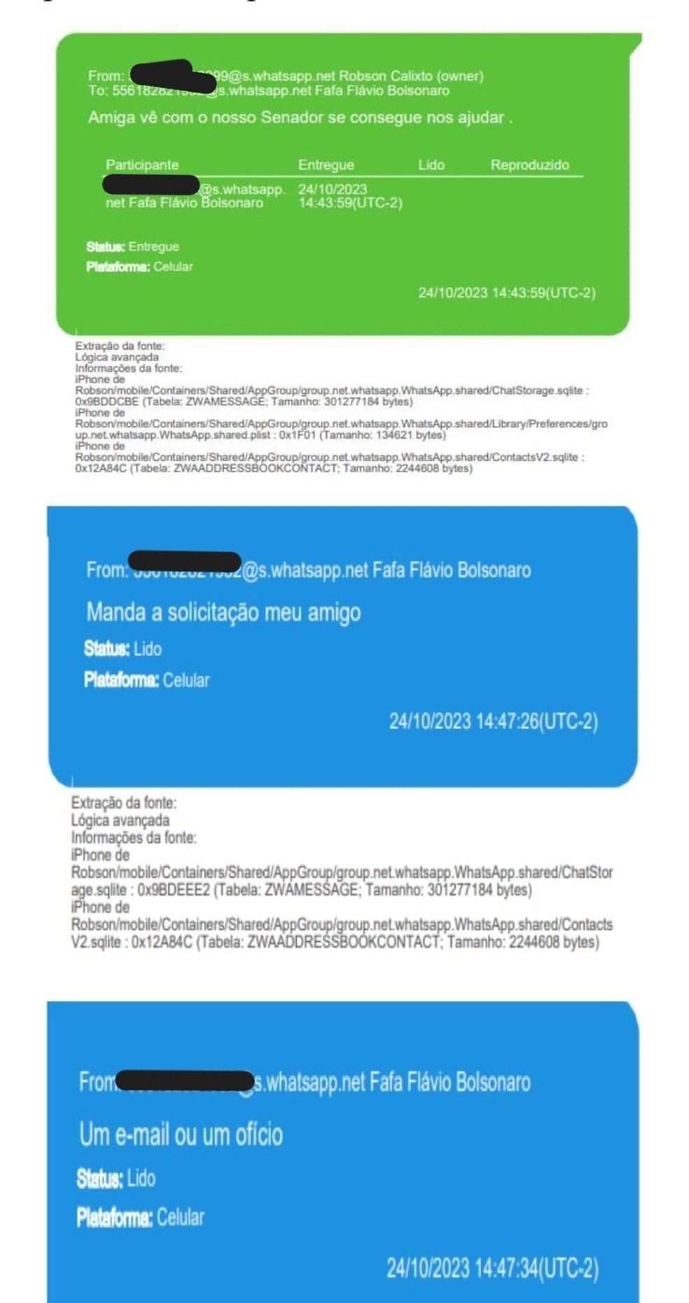 Mensagens entre Robson Calixto, o Peixe, e assessora do senador Fl�vio Bolsonaro � Foto: Reprodu��o/PF
