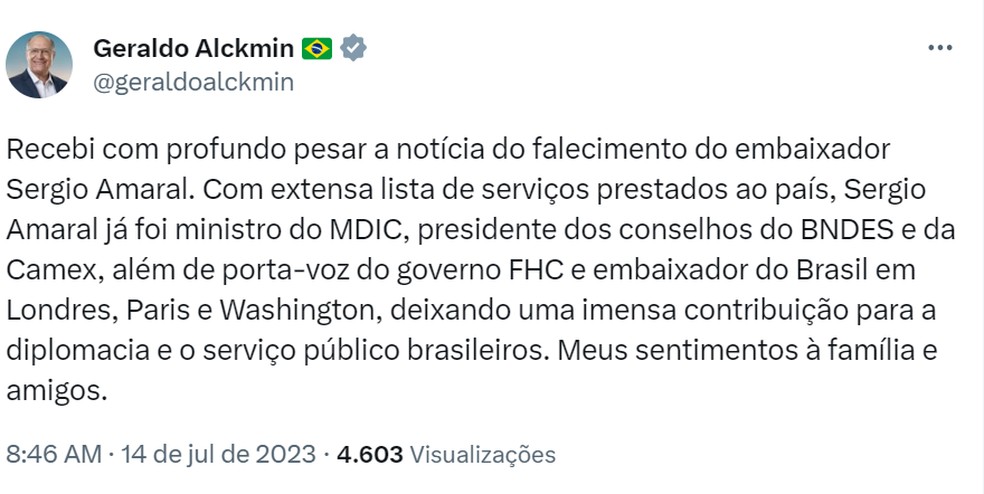 Vice-presidente postou nota de pesar — Foto: Reprodução/Redes sociais 