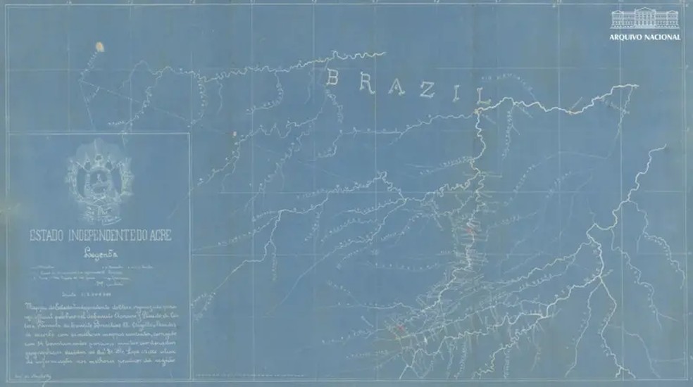 Mapa do Estado Independente do Acre organizado para uso oficial pelo coronel Plácido de Castro — Foto: ARQUIVO NACIONAL