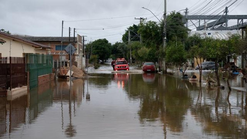 A cidade de Eldorado do Sul ficou totalmente alagada. — Foto: FERNANDO OTTO/BBC