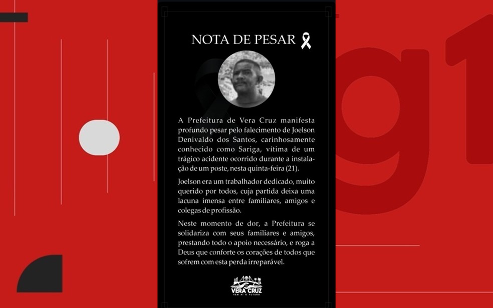 Prefeitura publicou nota de pesar nas redes sociais — Foto: Redes sociais