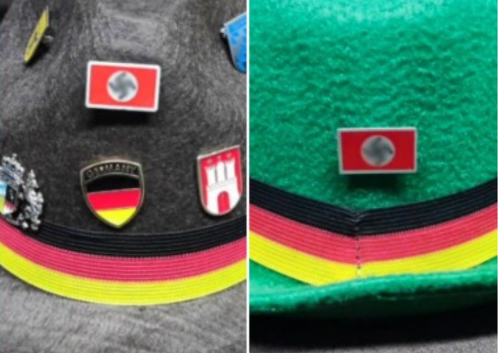 Chapéus com broches de suástica nazista apreendidos em festa de SC — Foto: Polícia Militar/Divulgação