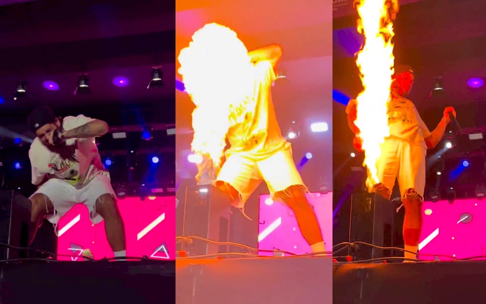 Z&eacute; Felipe quase &eacute; atingido por fogo durante show &mdash; Foto: Reprodu&ccedil;&atilde;o/Redes Sociais