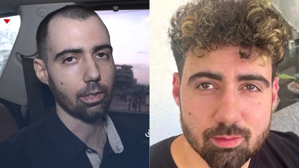 Montagem mostra o israelense Guy Gilboa-Dalal, feito refém pelo Hamas, depois e antes do sequestro. — Foto: Reprodução/ g1