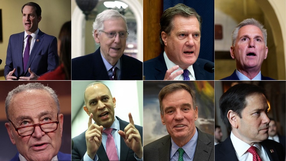 Gangue dos Oito. No alto, da esquerda para a direita: Jim Himes, Mitch McConnell, Mike Turner e Kevin McCarthy. Embaixo: Chuck Schumer, Hakeem Jeffries, Mark Warner e Marco Rubio  — Foto: Reprodução/g1
