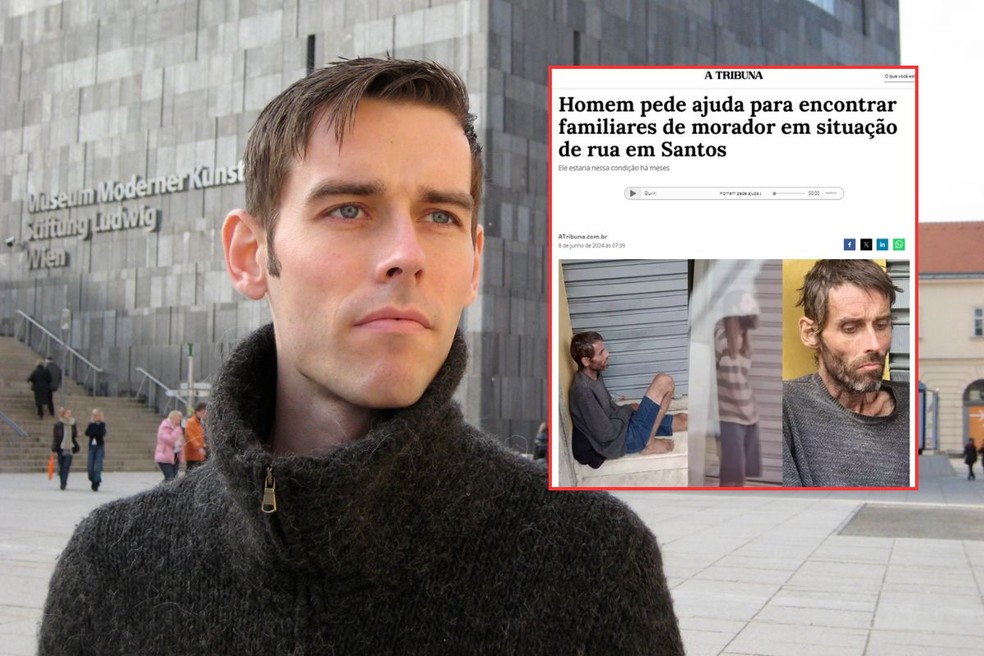 Canadense Karl Van Roon foi reconhecido em reportagem sobre estar em situação de rua em Santos, SP — Foto: Arquivo Pessoal e Reprodução/A Tribuna