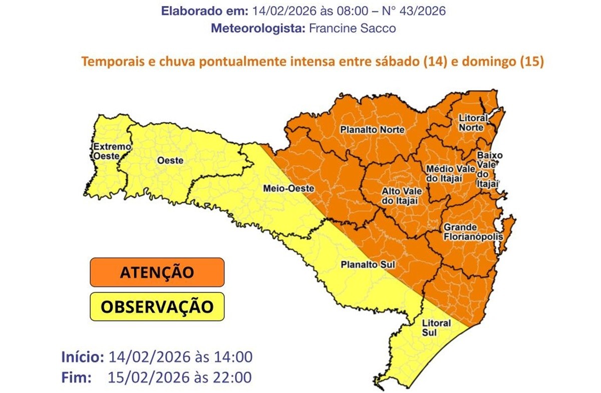 Defesa Civil reduz nível de perigo para chuvas no Carnaval, mas mantém alerta de riscos em SC