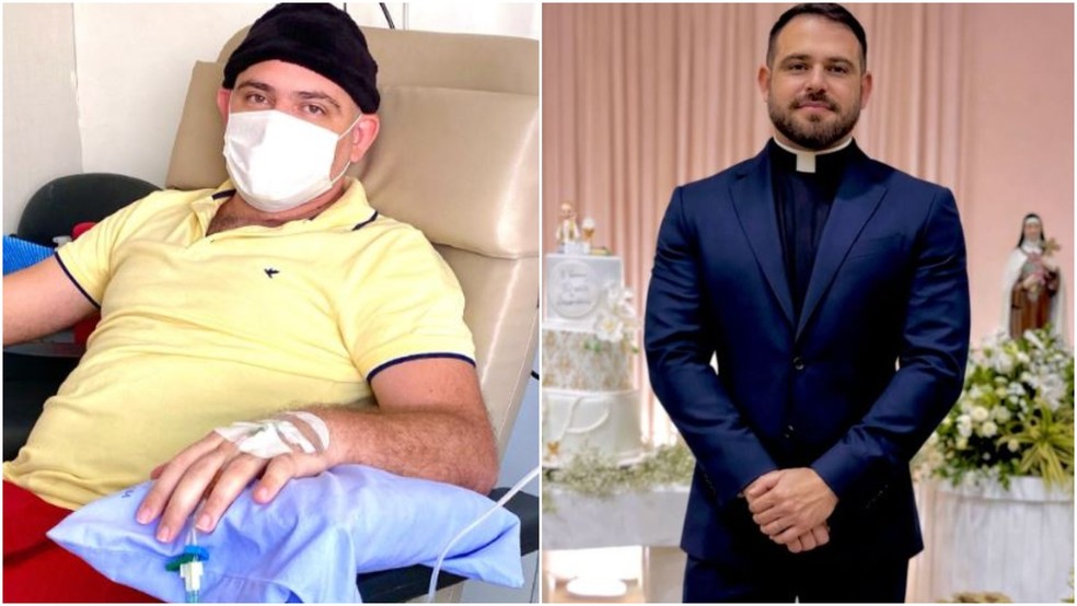 Padre Ranney em tratamento contra o câncer em 2021 (à esquerda) e em celebração aos 10 anos de sacerdócio em 2025. (à direita) — Foto: Instagram/ Reprodução