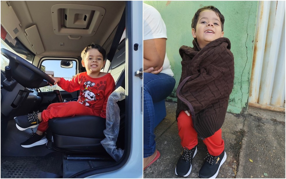Davi, de três anos, no caminhão de lixo comemorando seu aniversário, em Goiás — Foto: Arquivo pessoal/ Rafaela de Souza Miranda Teles