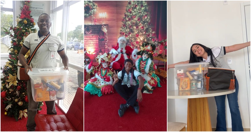 Funcionários da CNH Industrial mostram a cesta de Natal que receberam — Foto: Divulgação/Reprodução/Tiktok