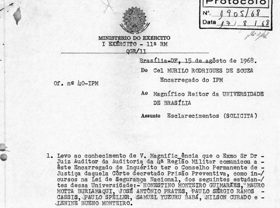 Documento relata à UnB prisão de alguns estudantes da universidade em 1968, dentre eles, o militante Honestino Guimarães — Foto: Arquivo Público Nacional