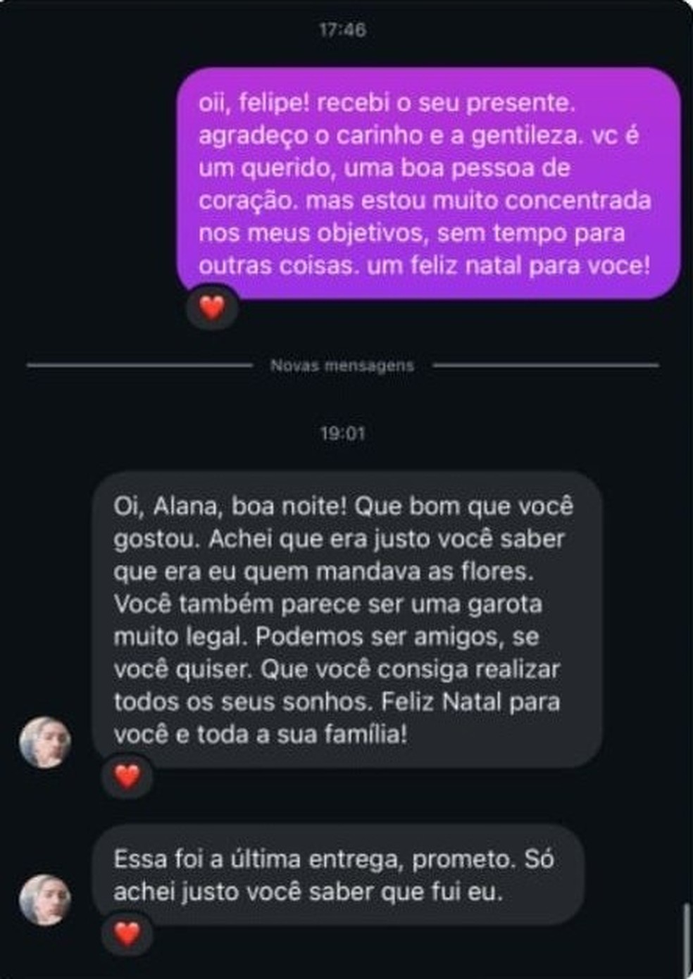 Conversa entre Alana Anísio e o preso — Foto: Arquivo pessoal