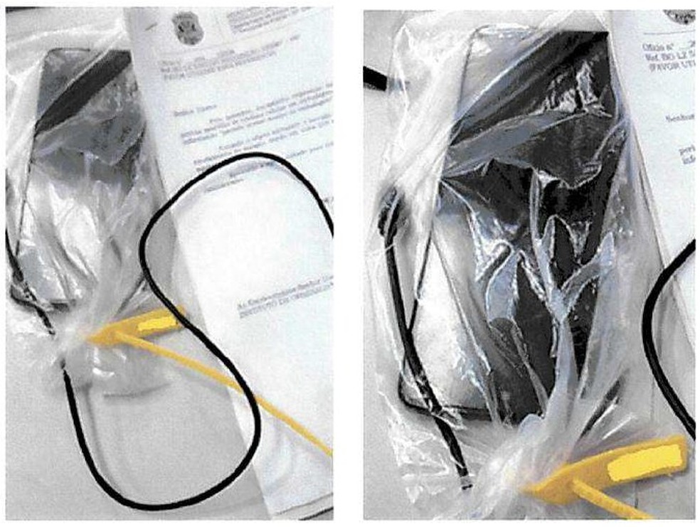 Aparelhos com lacres mal fechados por agentes da Polícia Civil de São Paulo — Foto: Reprodução/Polícia Civil