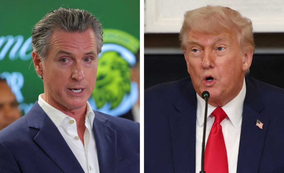 Montagem mostra o governador da Califórnia, Gavin Newsom, e o presidente dos EUA, Donald Trump — Foto: Reuters