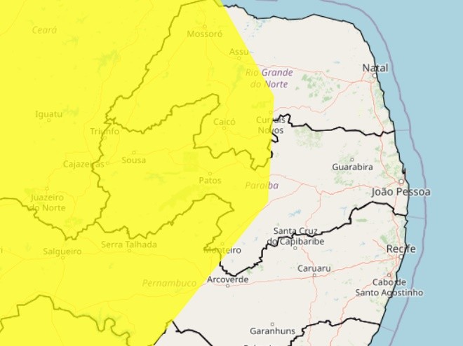 Inmet emite novo alerta de perigo potencial de chuvas intensas para mais de 110 cidades da Paraíba 