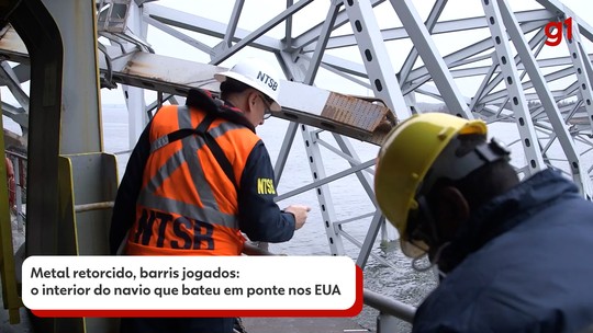 Metal retorcido e barris jogados: VÍDEO mostra destruição em ponte e navio - Programa: G1 Mundo 