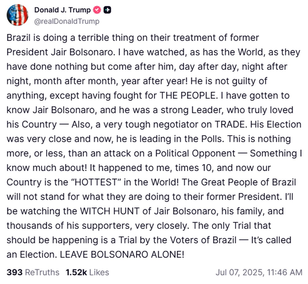 Trump faz post em defesa de Bolsonaro — Foto: Reprodução/Truth Social