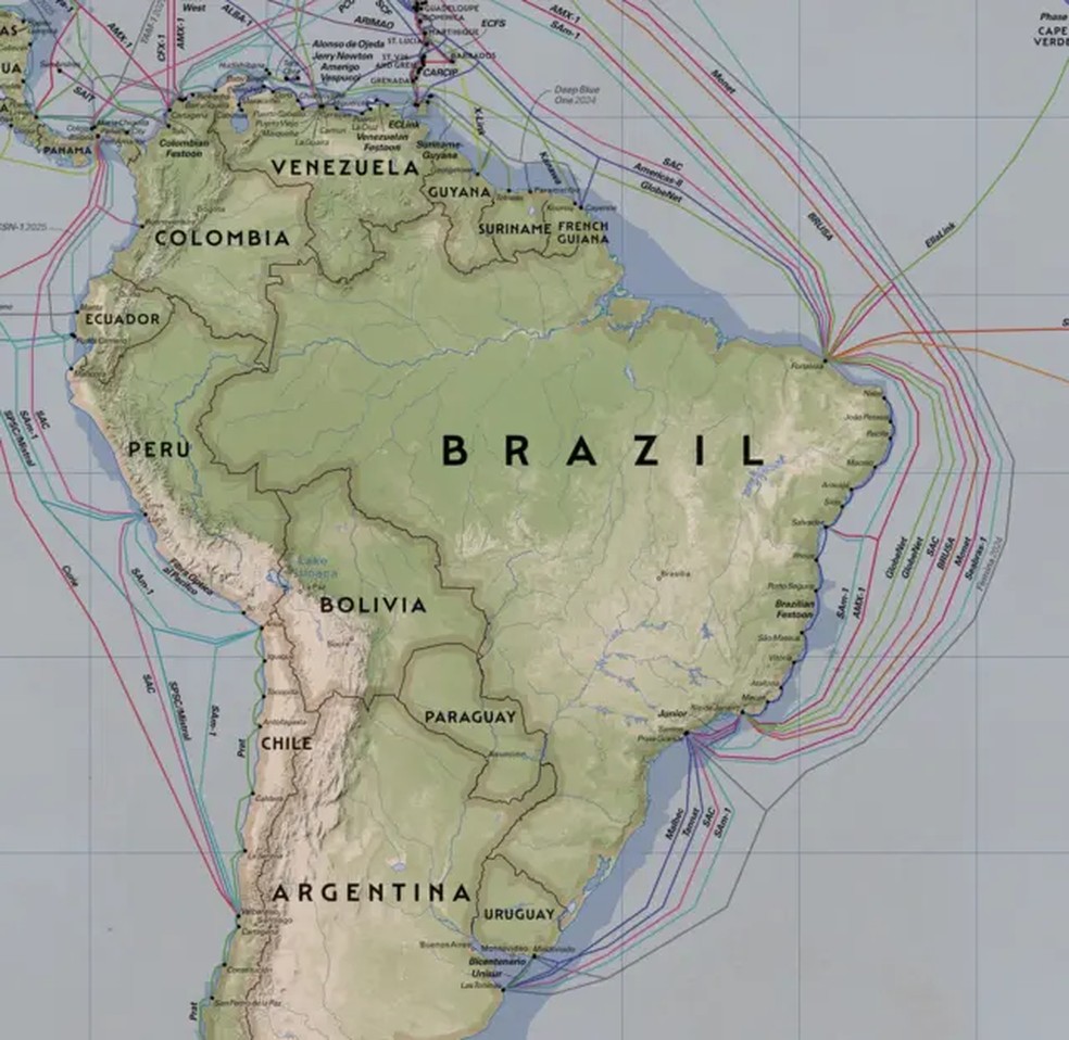 Capital cearense tem 16 cabos submarinos, maior número da América Latina — Foto: Reprodução/TeleGeography via BBC