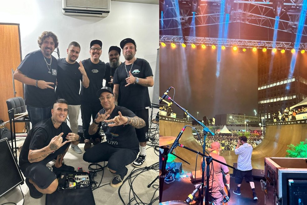 À esquerda, primeiro ensaio de Carleto como vocalista. À direita, primeiro show fazendo parte do projeto, em Santo André. — Foto: Cedidas/Rafael Carleto