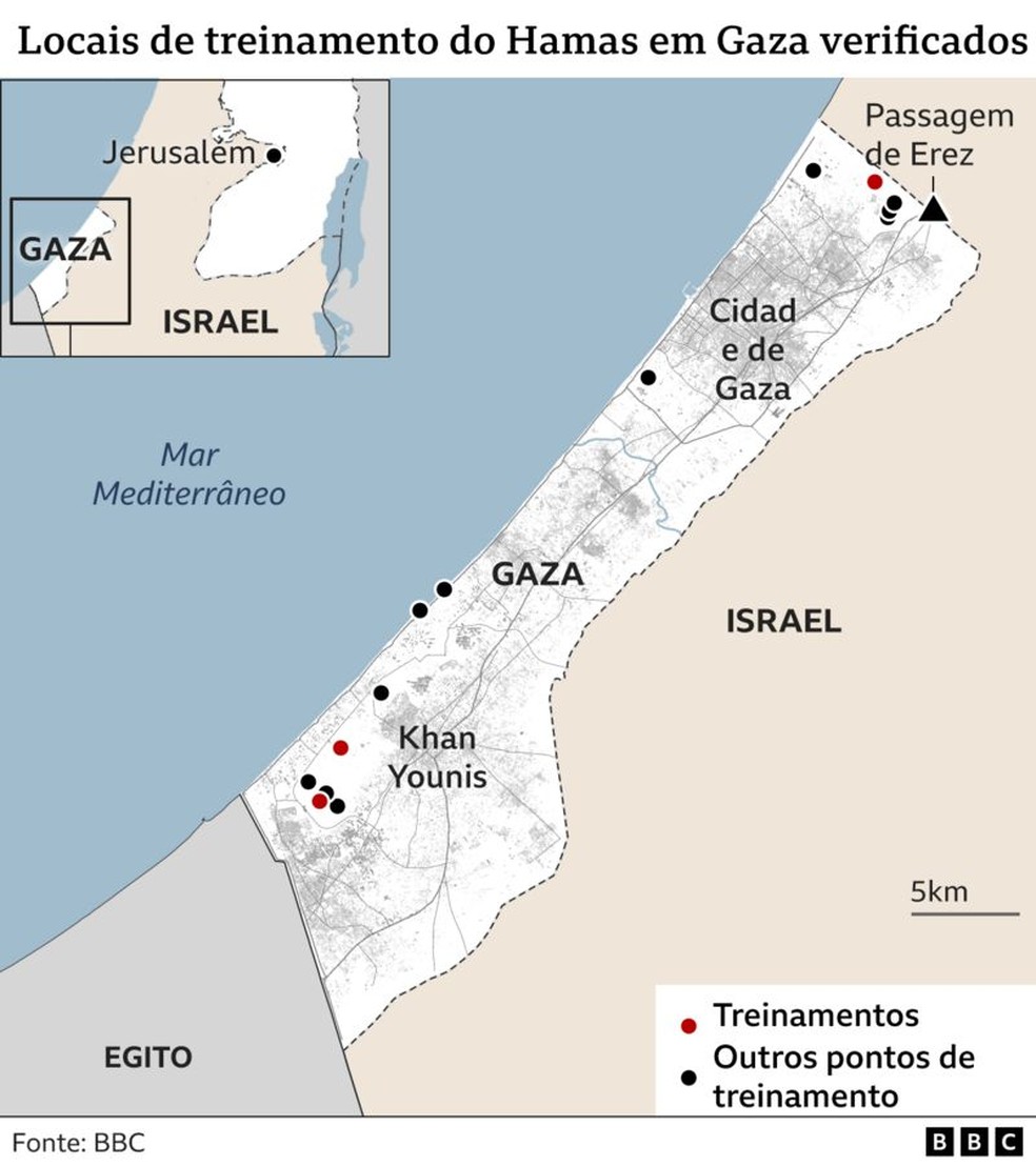 Infográfico da rede britânica BBC mostra locais de treinamento das forças de Gaza — Foto: BBC