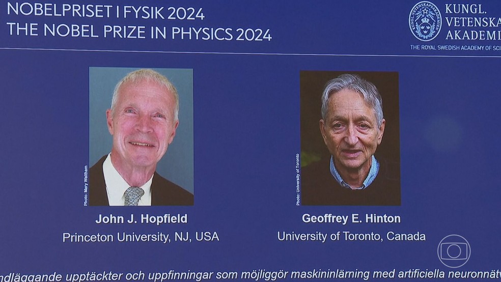 Dois cientistas ganham o Nobel de Física por criarem as bases da Inteligência Artificial — Foto: Reprodução/TV Globo