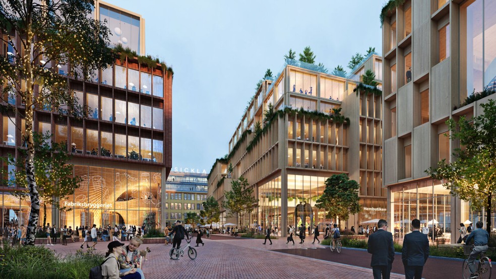 Suécia irá construir cidade toda de madeira, a Stockholm Wood City — Foto: Divulgação/Atrium Ljungberg