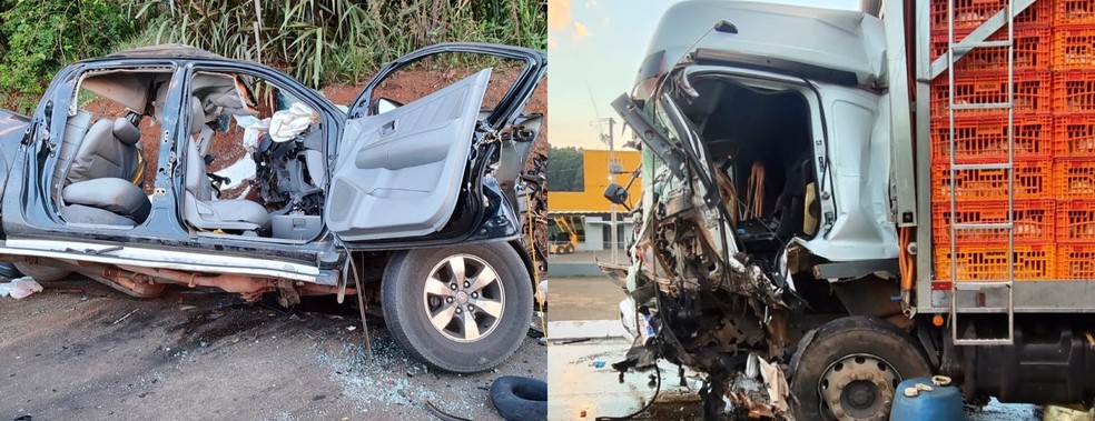 Três morrem e quatro ficam feridos após batida frontal com caminhão na BR-282 — Foto: Reprodução/Corpo de Bombeiros