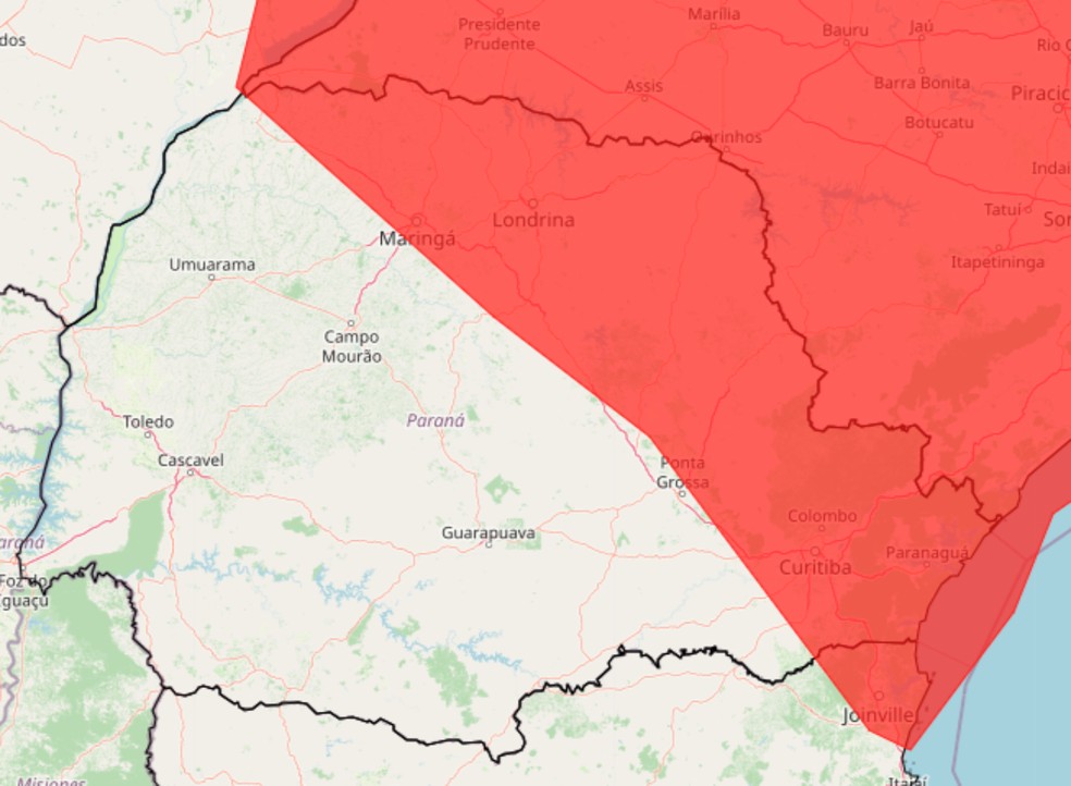 Mapa mostra cidades em alerta vermelho. — Foto: Reprodução/Inmet