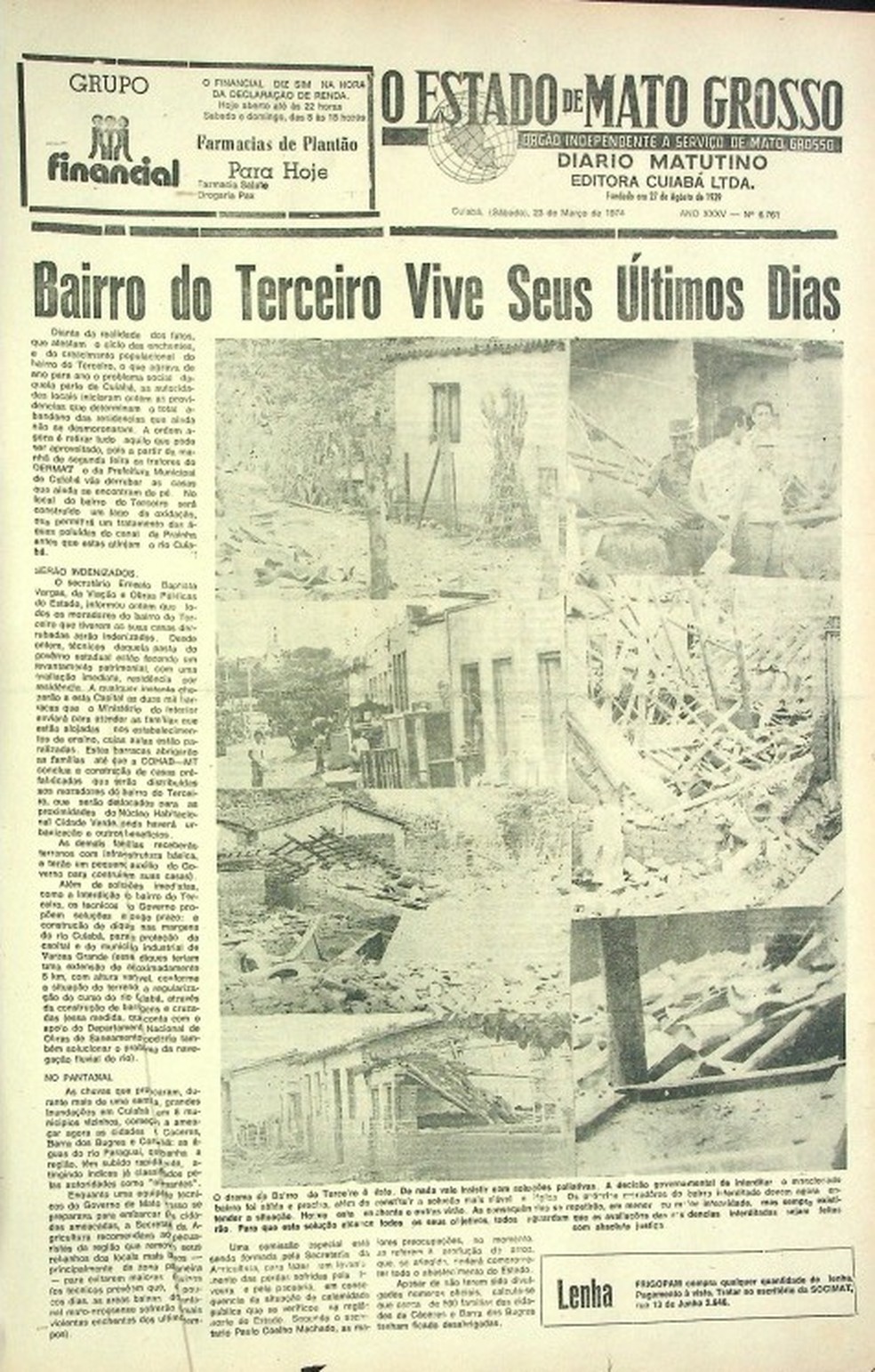 Jornal da poca da enchente do Rio Cuiab em 1974  Foto: Reproduo