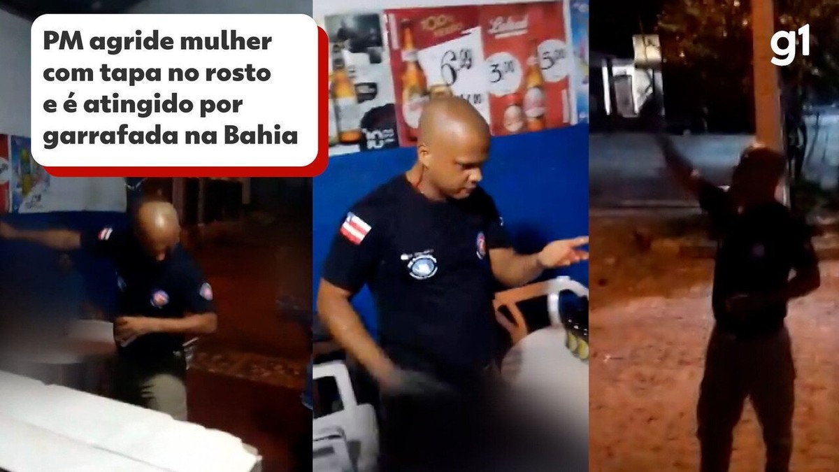 VÍDEO: PM agride mulher com tapa no rosto e é atingido por garrafa de vidro na cabeça em bar na Bahia