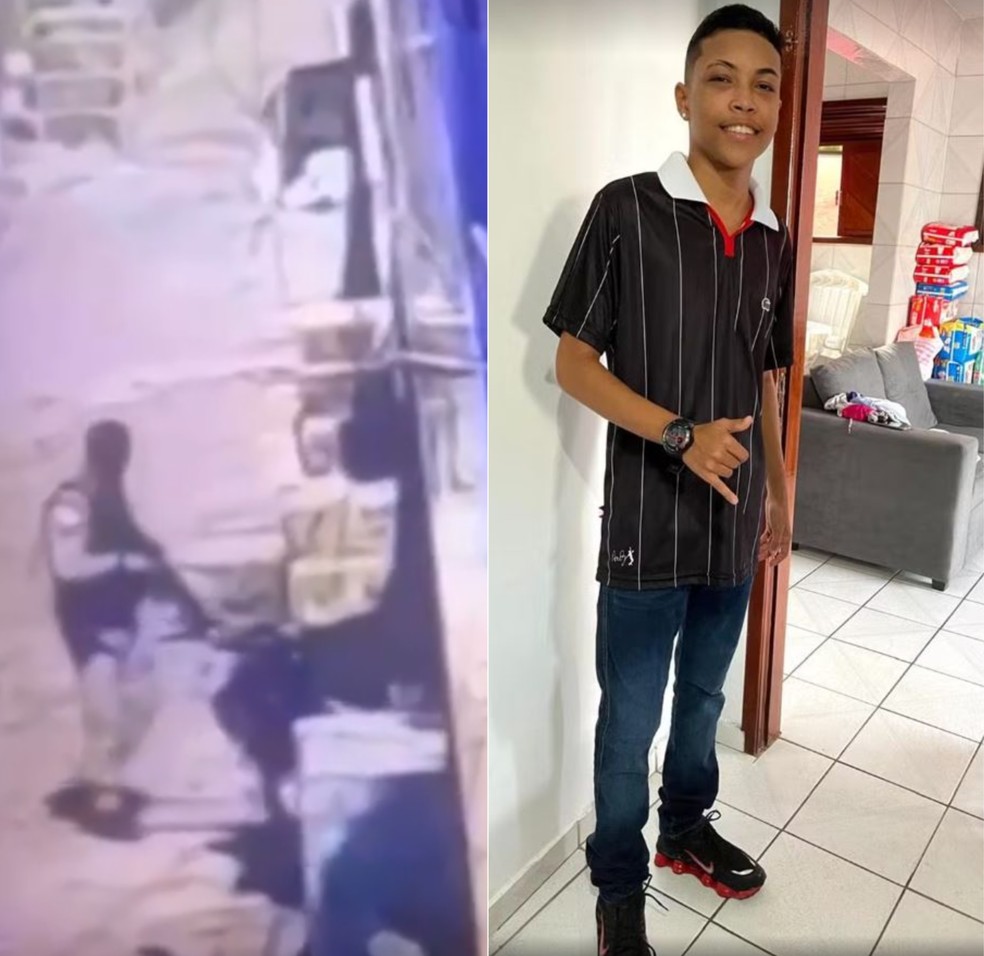 Primeira imagem é do vídeo gravado com ação polícia e a segunda mostra Adson, de 18 anos, que foi morto na operação — Foto: Cedidas