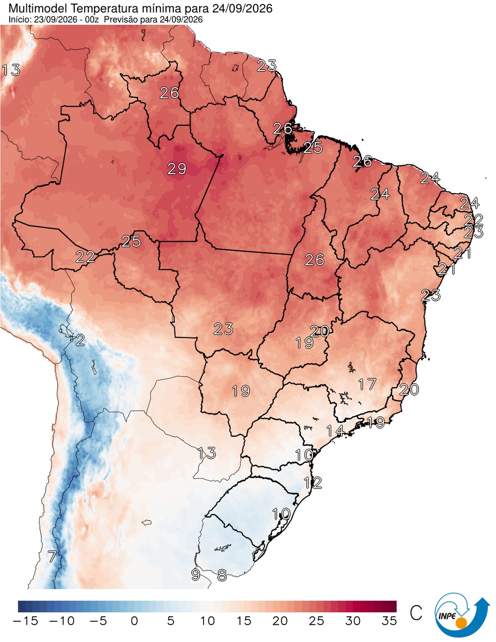 Temperaturas mínimas previstas para esta quinta em todo o Brasil. — Foto: CPTEC/Inpe