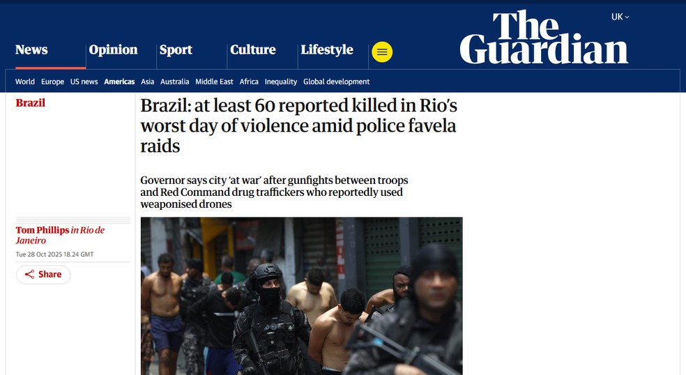 The Guardian noticia megaoperação no Rio de Janeiro — Foto: Reprodução