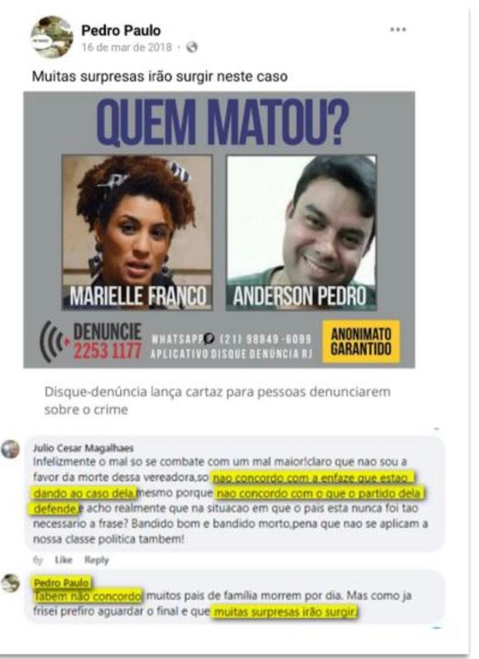 Postagem de Dom Pepito sobre as mortes de Marielle Franco e Anderson Gomes — Foto: Reprodução