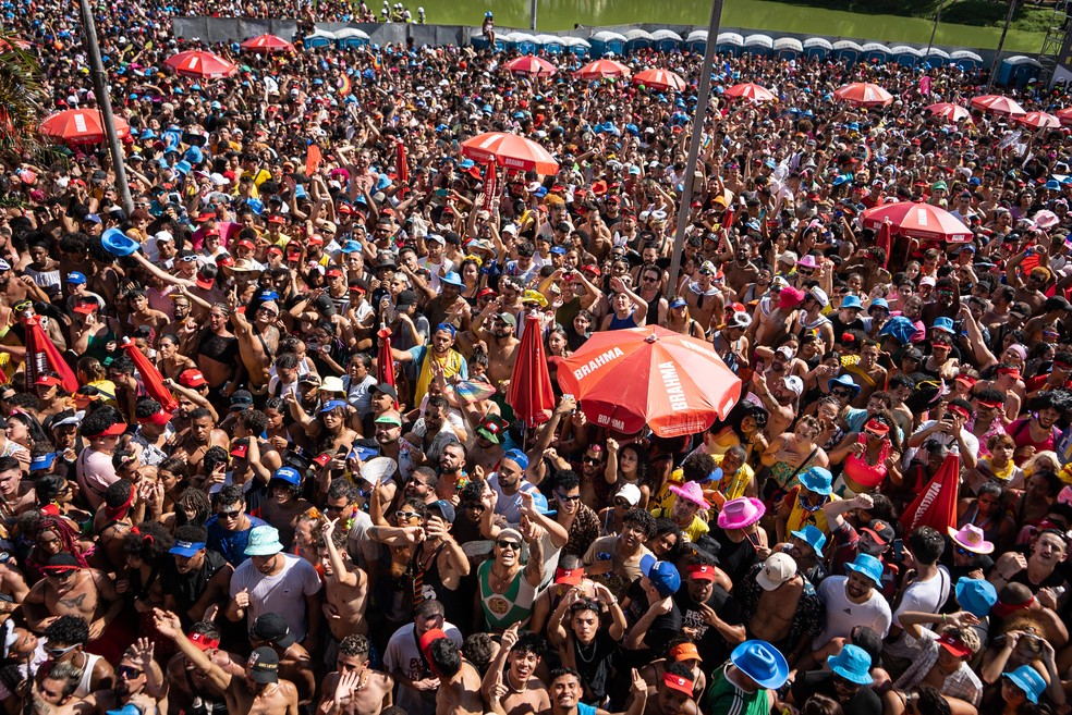 Público se aglomera durante o desfile do Bloco da Pabllo na Avenida Pedro Álvares Cabral, diante do Parque Ibirapuera, em São Paulo — Foto: Fábio Tito/g1